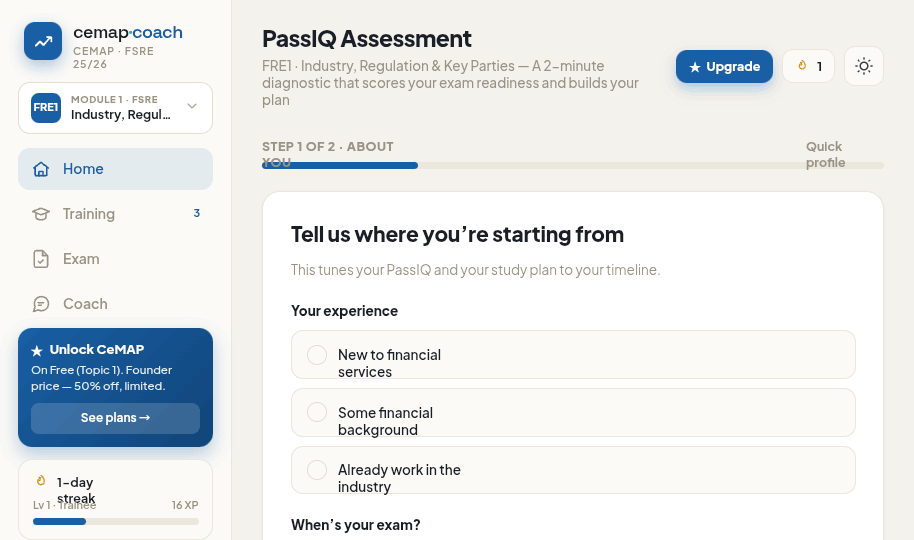 Cropped CeMAP Coach PassIQ profile screen asking about the learner's starting experience